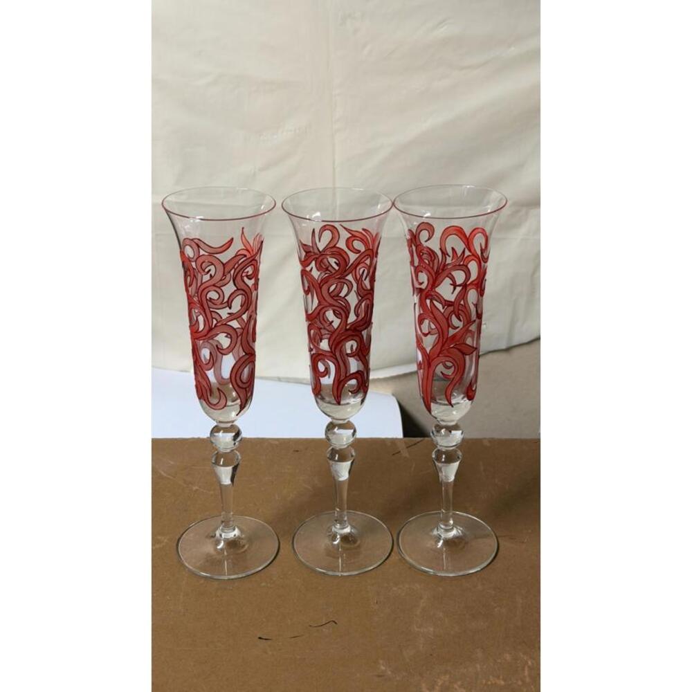 Set of 3 Red Swirl Hand-Painted‎ Champagne Flutes – Elegant Glasses - Picture 3 of 6